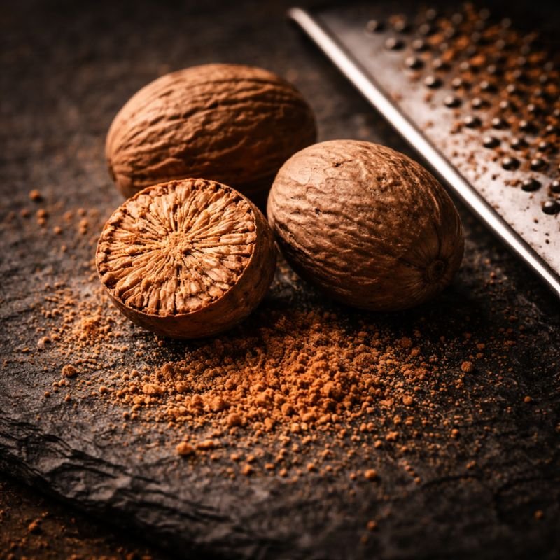 Nuez moscada entera sobre pizarra oscura