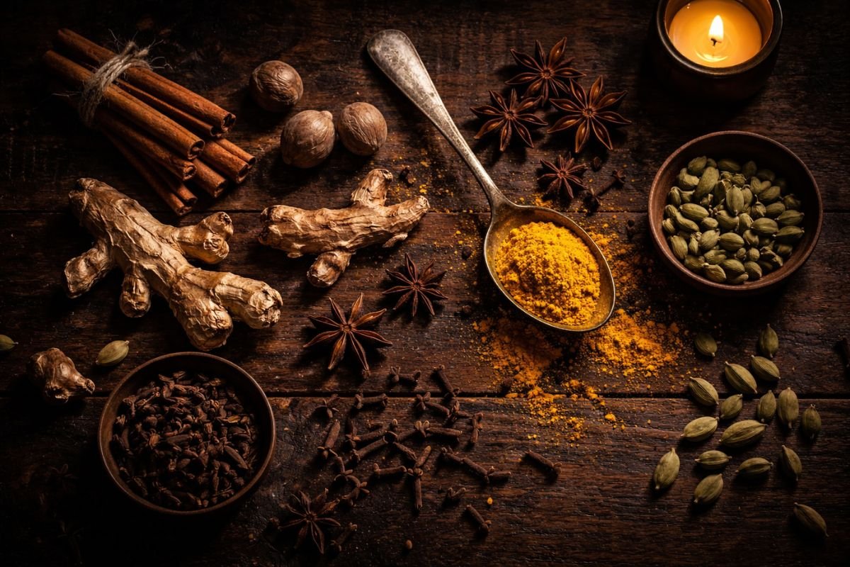 Especias medicinales sobre mesa rústica